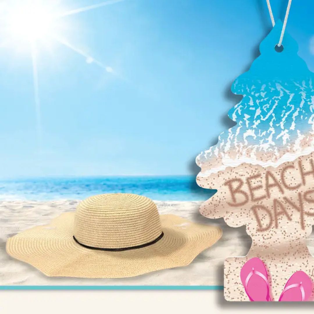 Little Trees Car air freshener shaped like a beach umbrella with 'Beach Days' text on a coloured background with straw hat