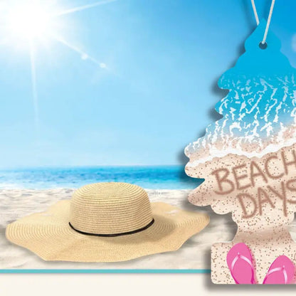 Little Trees Car air freshener shaped like a beach umbrella with 'Beach Days' text on a coloured background with straw hat