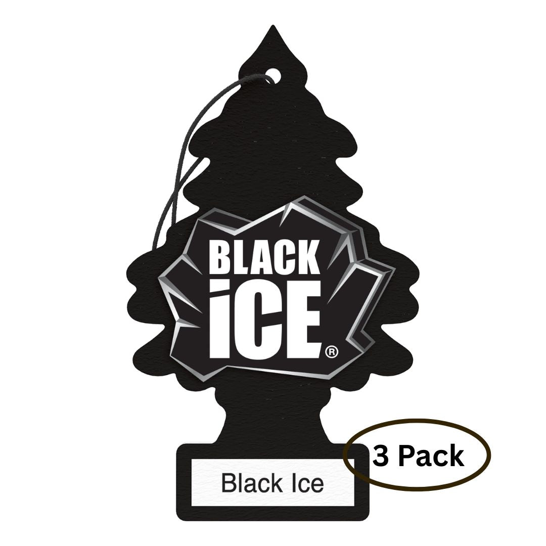 Little Trees Black Ice car air freshener on a white background with "3 pack" label
