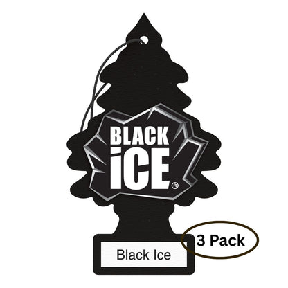 Little Trees Black Ice car air freshener on a white background with "3 pack" label