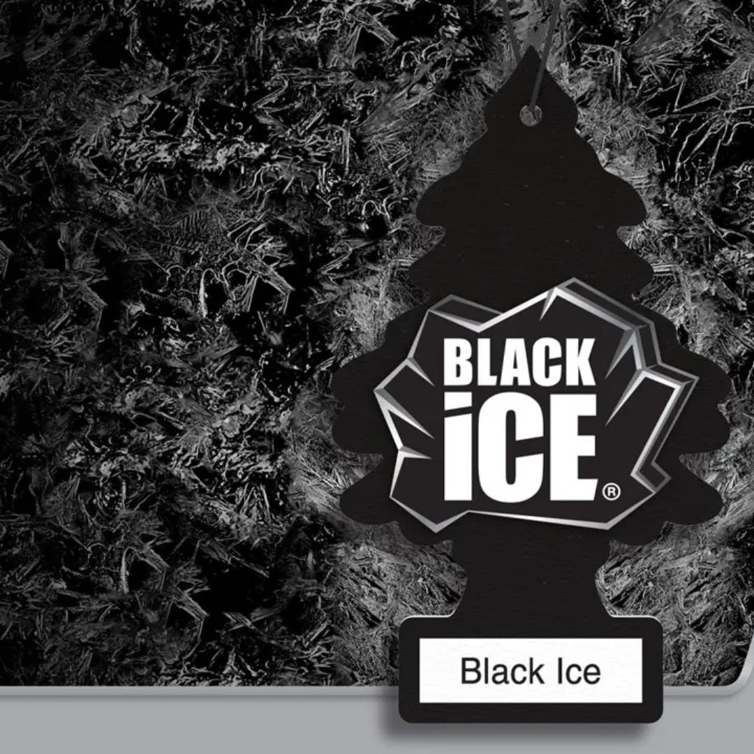 Little Trees Black Ice air freshener logo on a textured black background