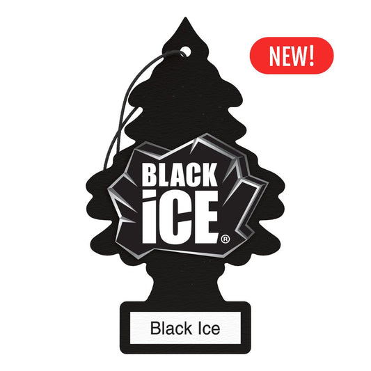 Little Trees Black Ice air freshener with a 'New!' label on a white background