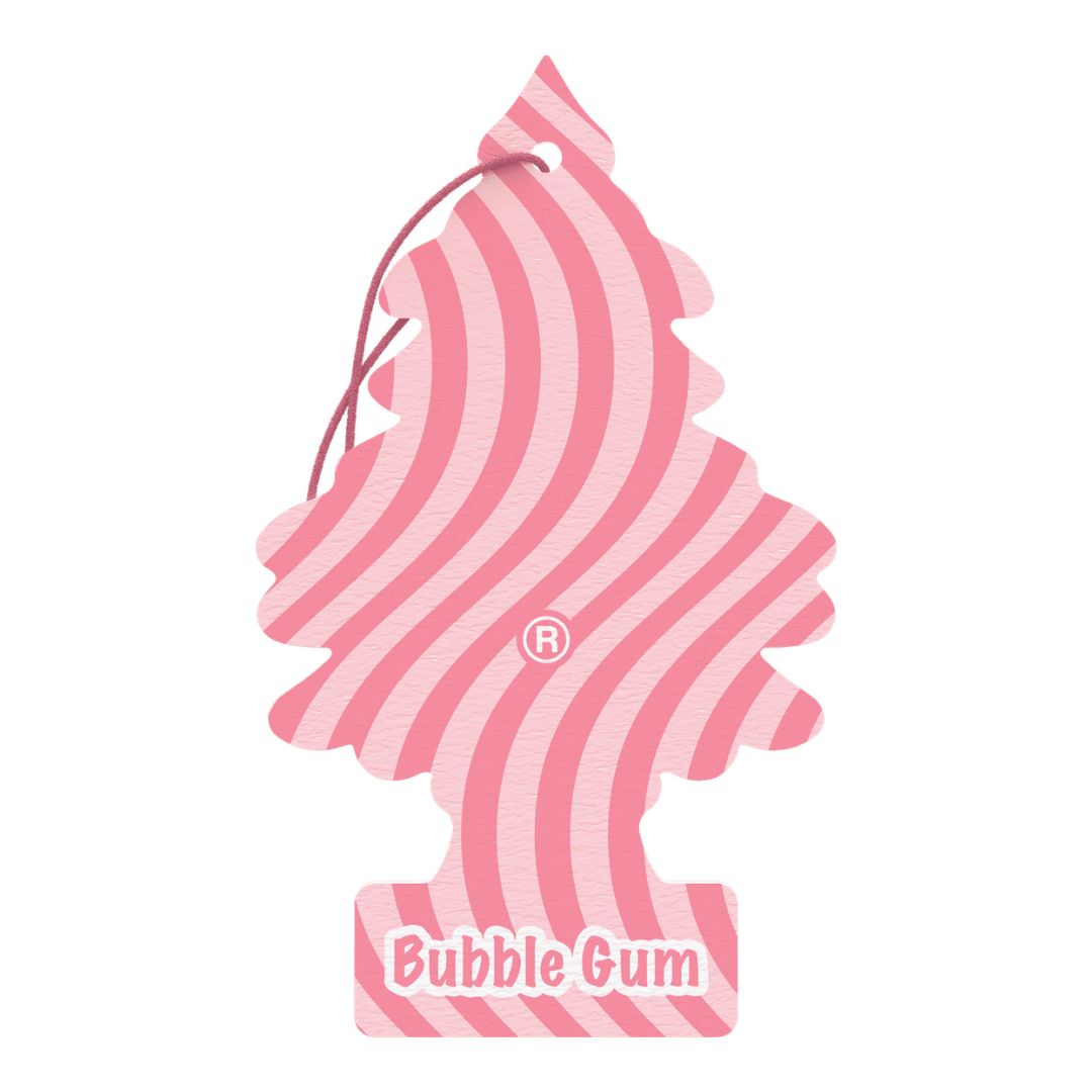 Pink and white striped air freshener shaped like a candy with 'Bubble Gum' text on a white background. Little Trees Air Freshener Ireland