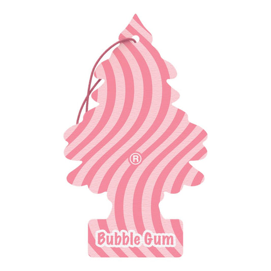 Pink and white striped air freshener shaped like a candy with 'Bubble Gum' text on a white background. Little Trees Air Freshener Ireland