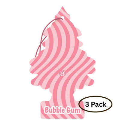 Pink and white striped car air freshener shaped like a tree with 'Bubble Gum' text and '3 Pack' label on a white background.