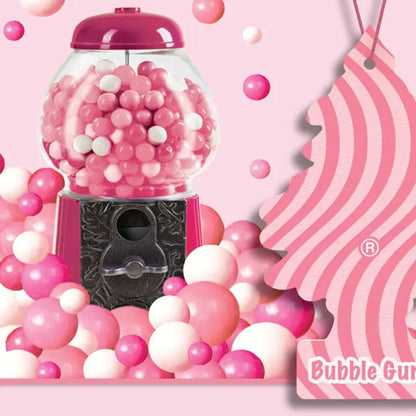 LIttle Trees Bubble Gum Air Freshener with Pink and white bubble gum machine with scattered gumballs on a pink background