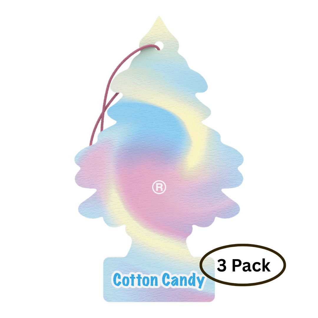 Colourful Little Trees cotton candy-shaped air freshener with '3 pack' label on a white background