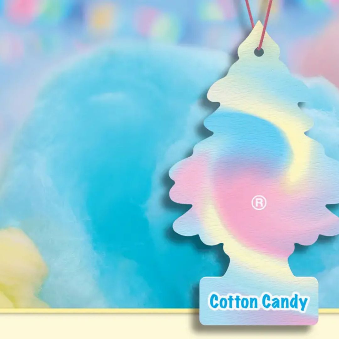 Colourful Little Trees cotton candy-themed air freshener with a blurred cotton candy background