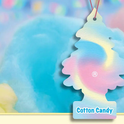 Colourful Little Trees cotton candy-themed air freshener with a blurred cotton candy background