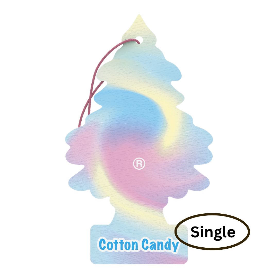 Colourful Little Trees cotton candy-shaped air freshener with 'Single' label on a white background