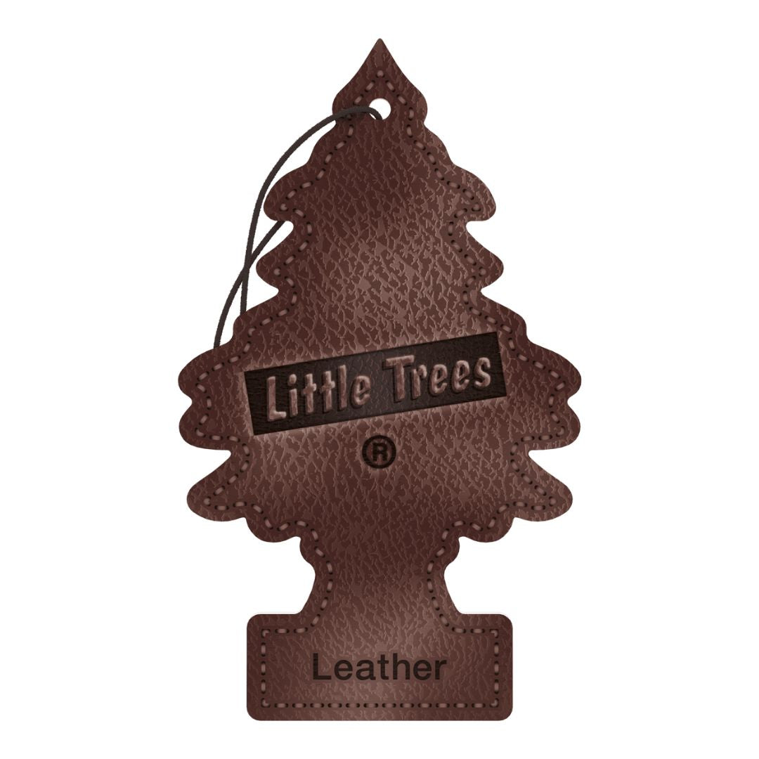 Brown 'Little Trees' leather-scented car air freshener on a white background
