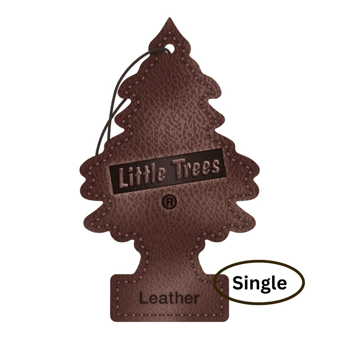 Brown tree-shaped Little Trees air freshener labeled 'Leather' on a white background