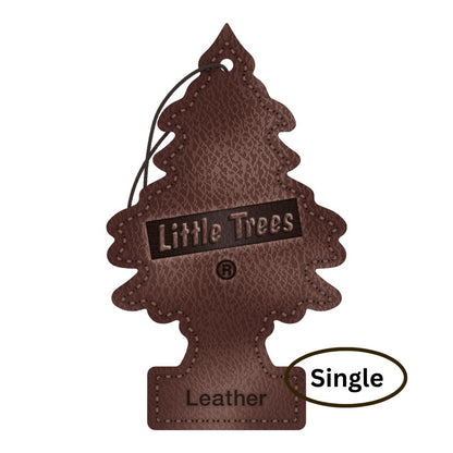 Brown tree-shaped Little Trees air freshener labeled 'Leather' on a white background