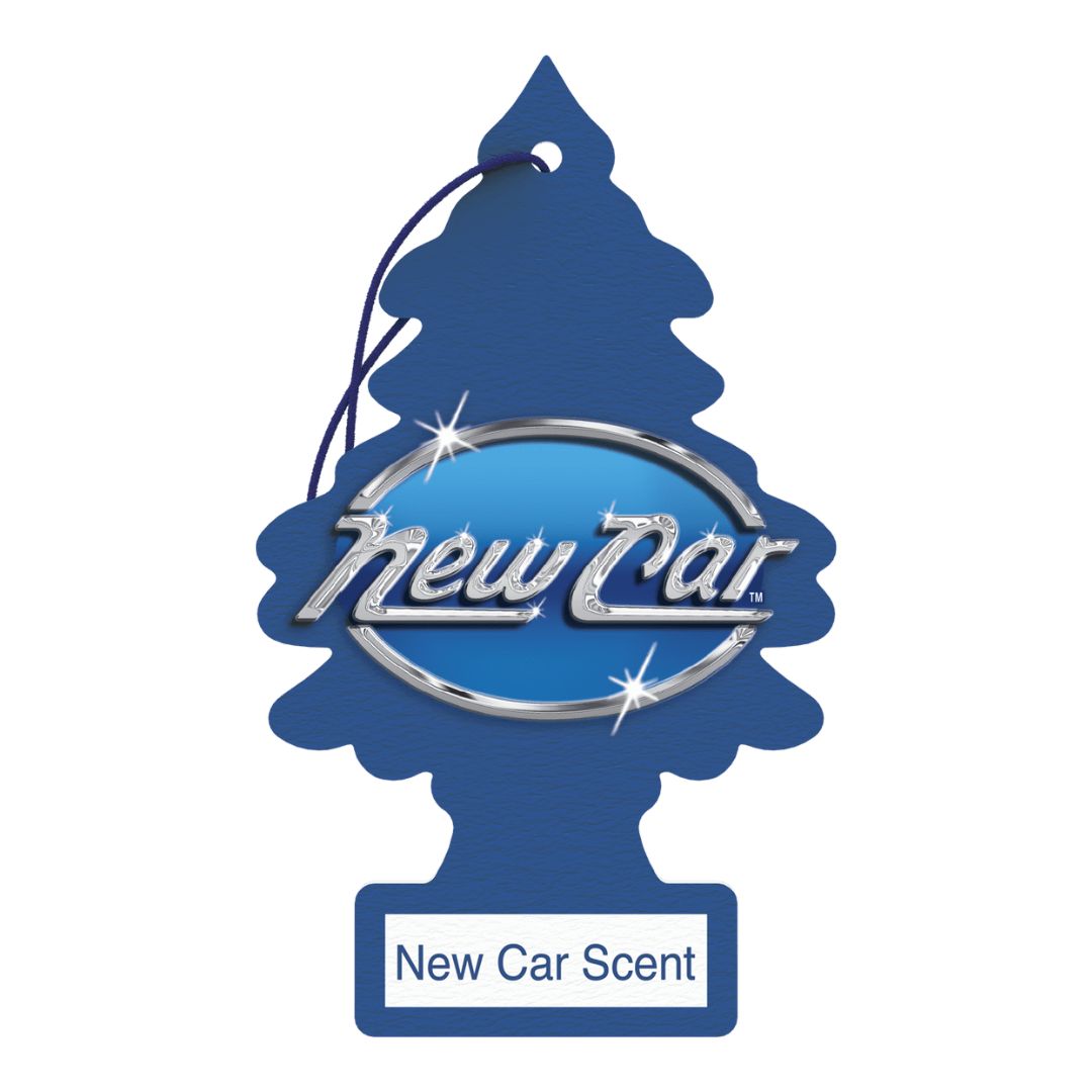 Little Trees Blue pine tree-shaped car air freshener with 'New Car' text on a white background