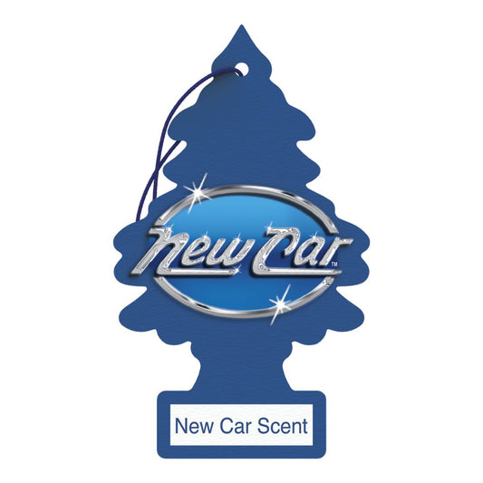 Little Trees Blue pine tree-shaped car air freshener with 'New Car' text on a white background