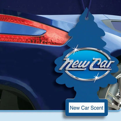 Little Trees Car air freshener labeled 'New Car Scent' attached to a blue car.