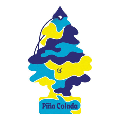 Colourful Pina Colada Little Trees air freshener with blue and yellow design on a white background. Little Trees Ireland