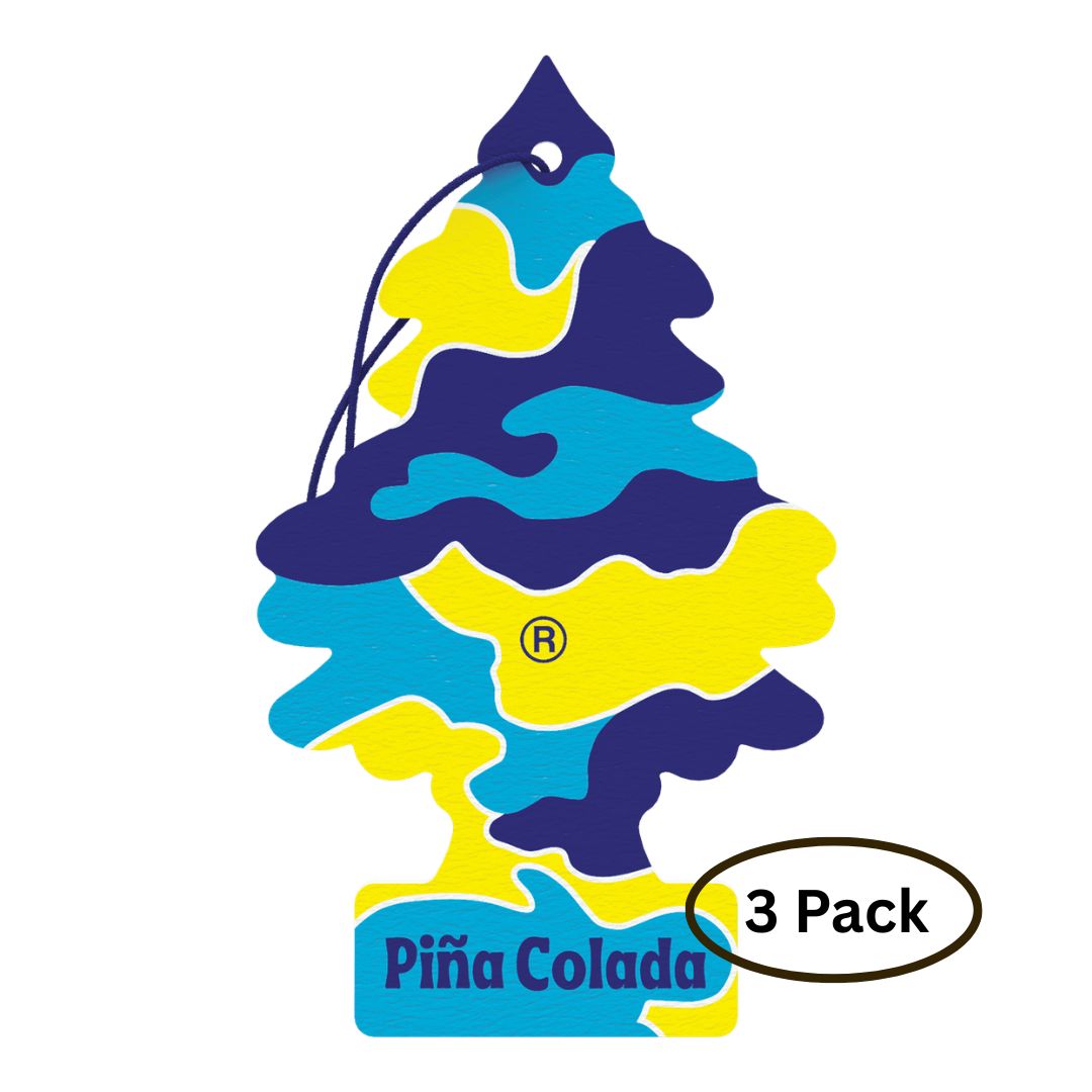 Colourful Pina Colada Little Trees air freshener with blue and yellow design on a white background and '3 Pack' text 