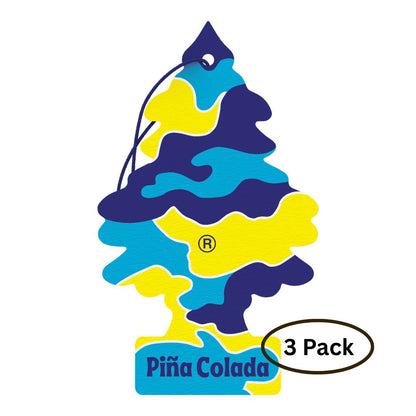 Colourful Pina Colada Little Trees air freshener with blue and yellow design on a white background and '3 Pack' text 
