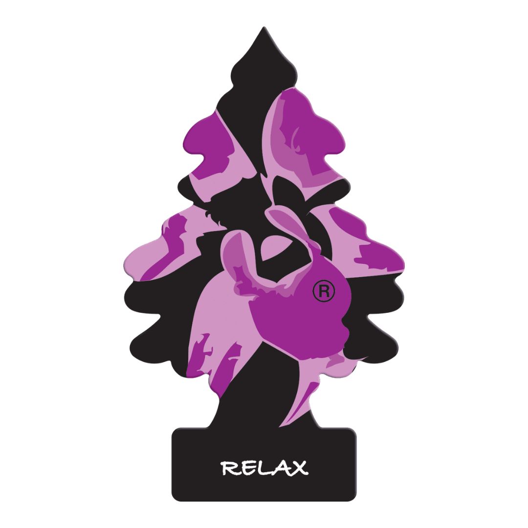Purple and black Little Trees Air freshener with 'Relax' text on a white background