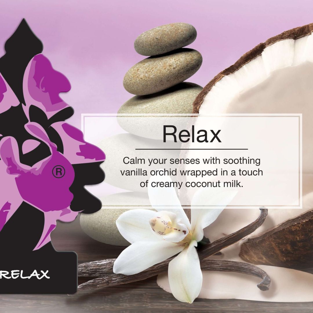 Little Trees Relax air freshener packaging with vanilla orchid, coconut, and stones on a purple background