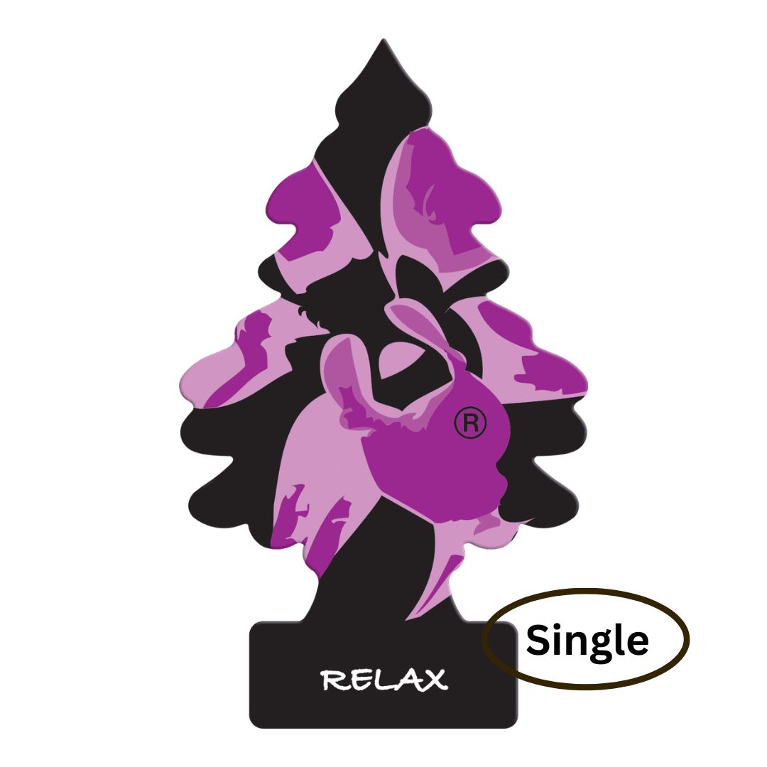 Purple and black Little Trees Air freshener with 'Single' and 'Relax' text on a white background
