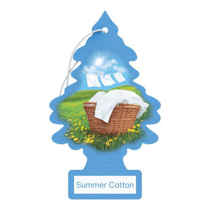 Little Trees Car air freshener with a 'Summer Cotton' label featuring an image of a basket of laundry on a grassy field.