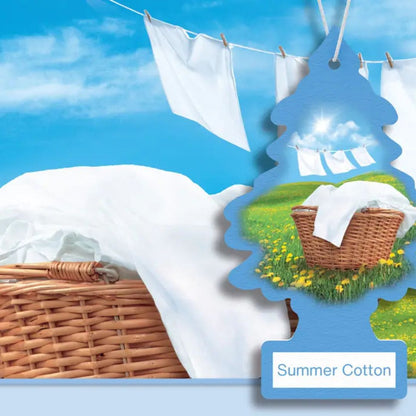 Little Trees Air freshener with a design of a basket and laundry against a blue sky, labeled 'Summer Cotton'.