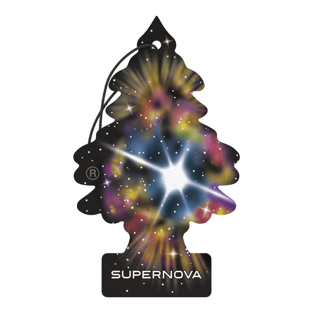 Little Trees Supernova car air freshener with colourful design on a white background. Little Trees Ireland