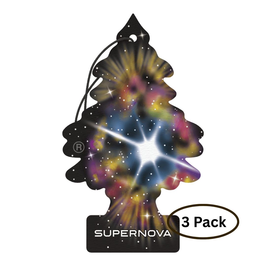 Little Trees Supernova car air freshener with colourful design on a white background 3 pack