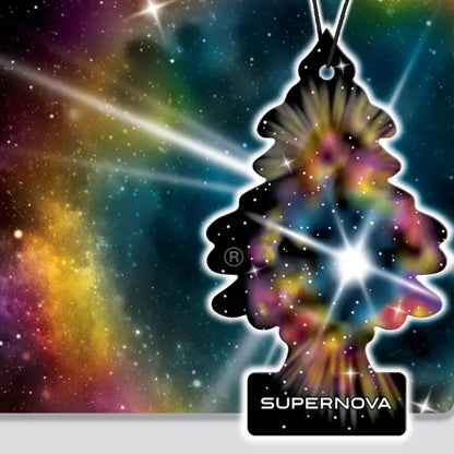 Little Trees Supernova tree-shaped air freshener with a colourful, starry background