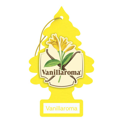 Little Trees Vanillaroma air freshener with yellow floral design on a white background