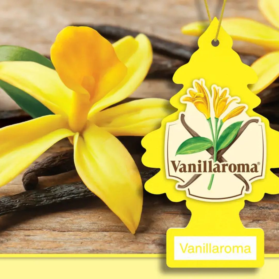 Little Trees Vanillaroma air freshener with vanilla beans and flowers on a wooden surface