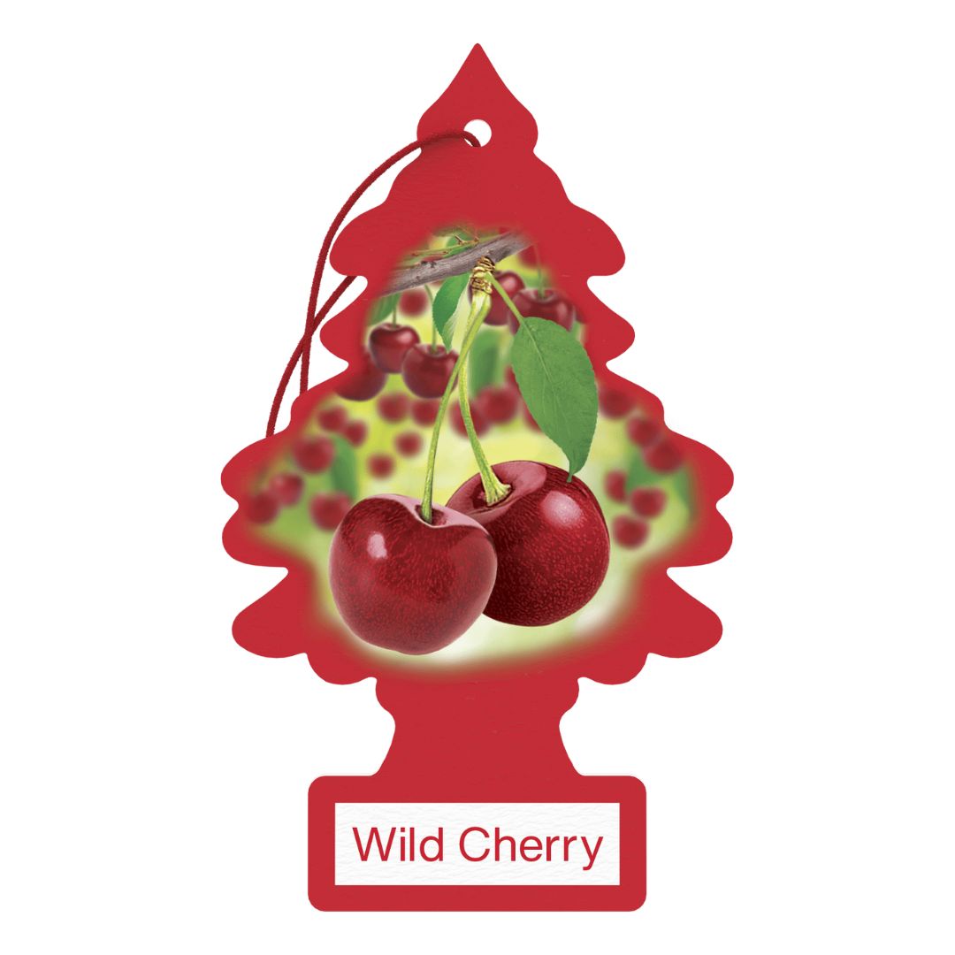 Red little trees tree-shaped air freshener with cherries and 'Wild Cherry' text on a white background