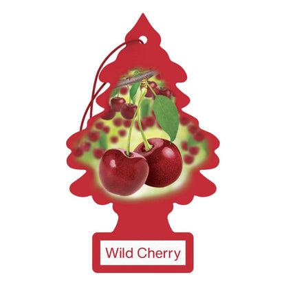 Red little trees tree-shaped air freshener with cherries and 'Wild Cherry' text on a white background