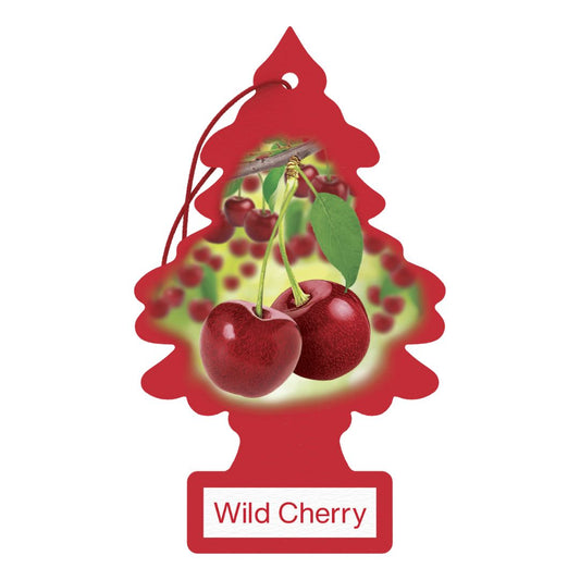 Red little trees tree-shaped air freshener with cherries and 'Wild Cherry' text on a white background