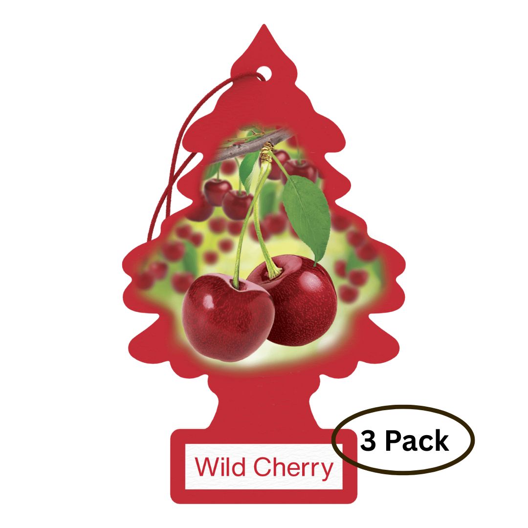 Red Little Trees tree-shaped air freshener with wild cherry flavour and '3 Pack' label on a white background