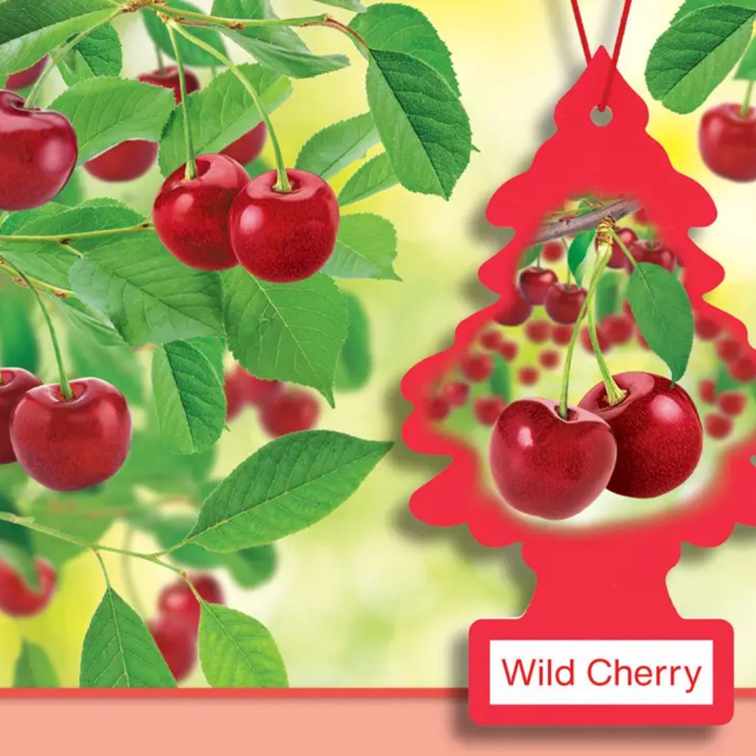 Little Trees Red cherry-shaped air freshener with 'Wild Cherry' label against a background of cherries on a branch.