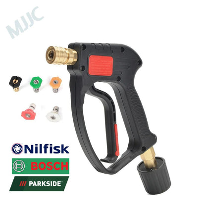 Mjjc Pressure washer gun with multiple nozzles on a white background, featuring Nilfisk, Bosch, and Parkside logos.