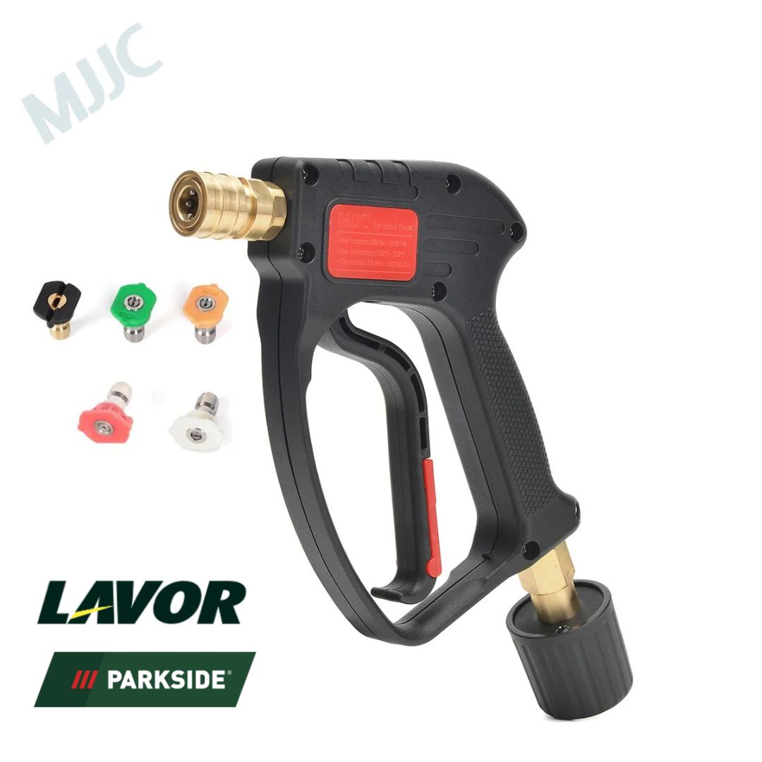 Black and red pressure washer gun with multiple nozzles on a white background, featuring LAVOR and Parkside logos.