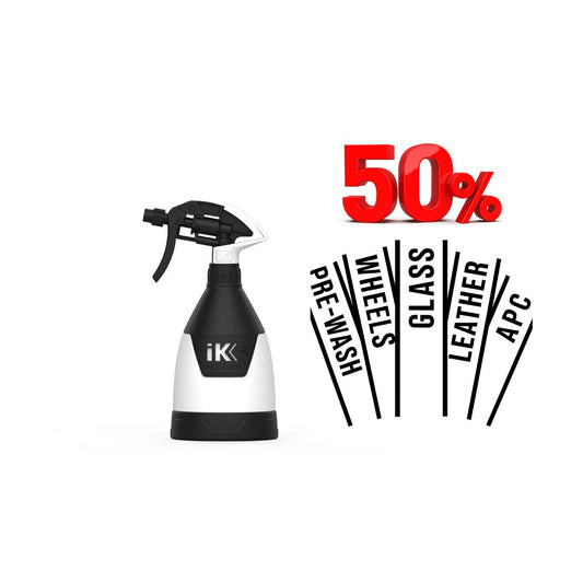 Black and white spray bottle with IK logo on a white background, featuring a 50% discount offer.