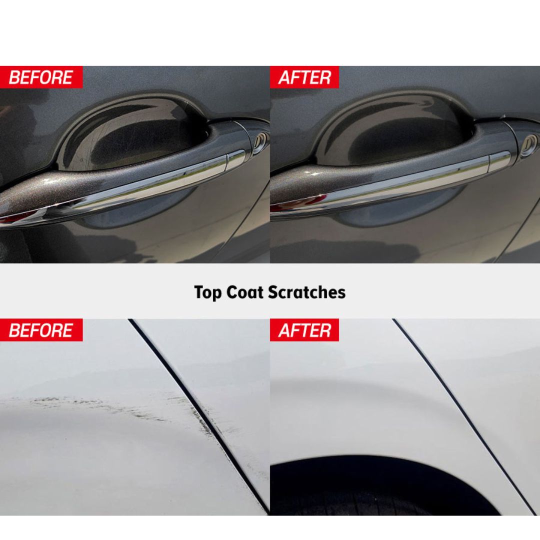 Before and after comparison of a car door handle and top coat scratch on a vehicle.