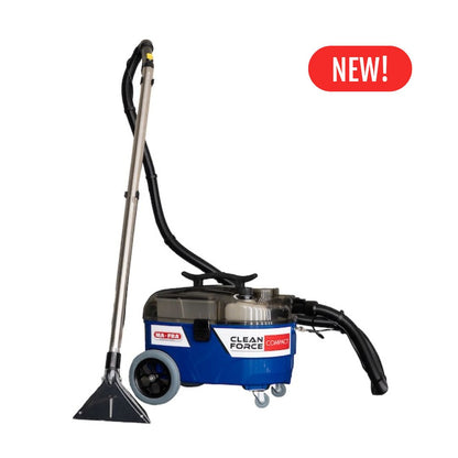 Blue carpet cleaning machine with a red 'NEW!' label on a white background