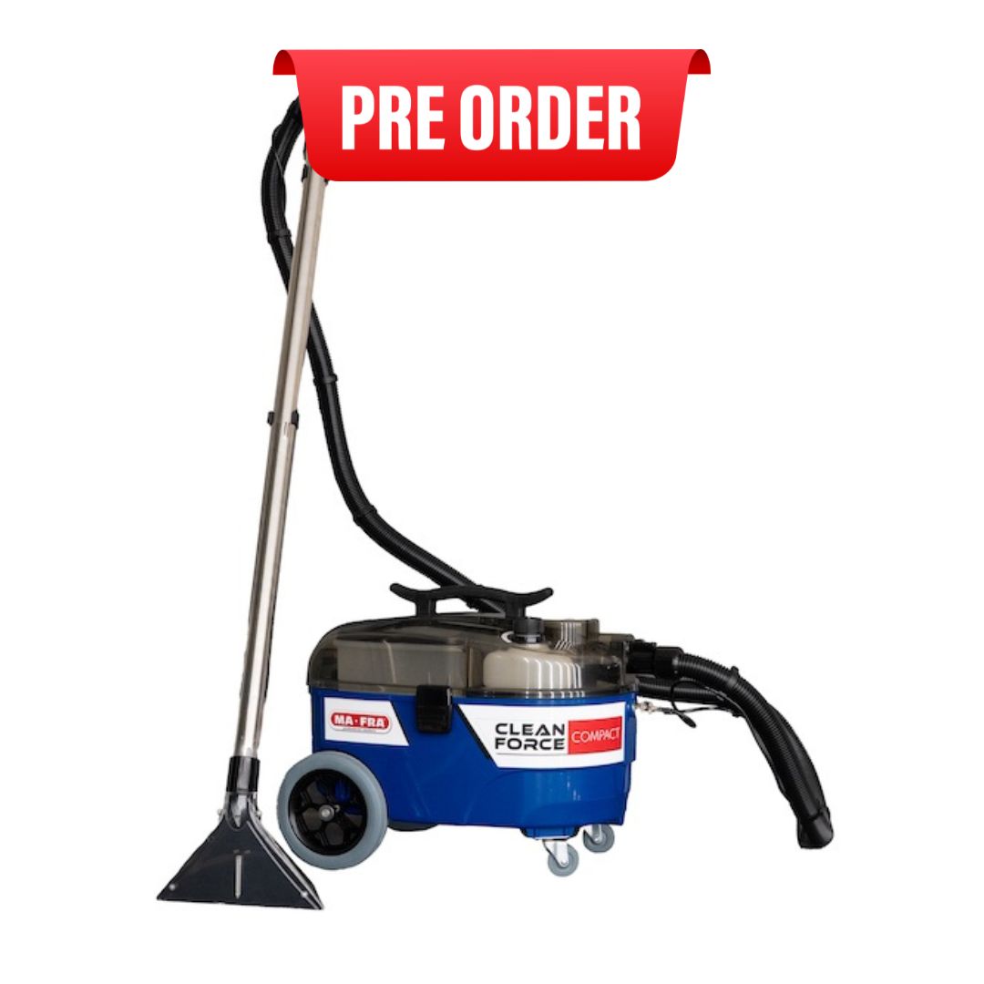 Cleaning machine with 'Pre Order' label on a white background