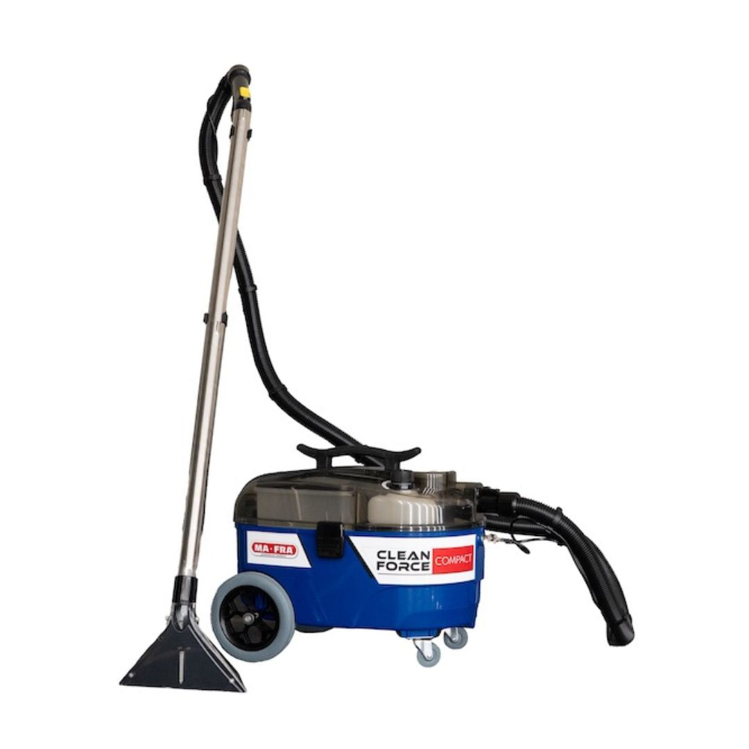 mafra Clean Force compact. Blue and black cleaning machine with a long hose on a white background