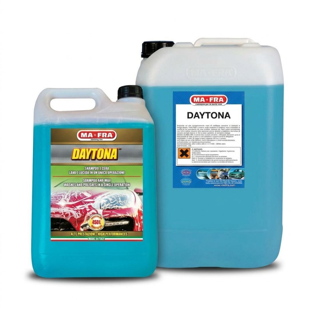 Two MA-FRA Daytona car care containers on a white background: a smaller translucent blue handle jug in front and a larger white plastic canister behind it, both filled with blue liquid and labeled Daytona.