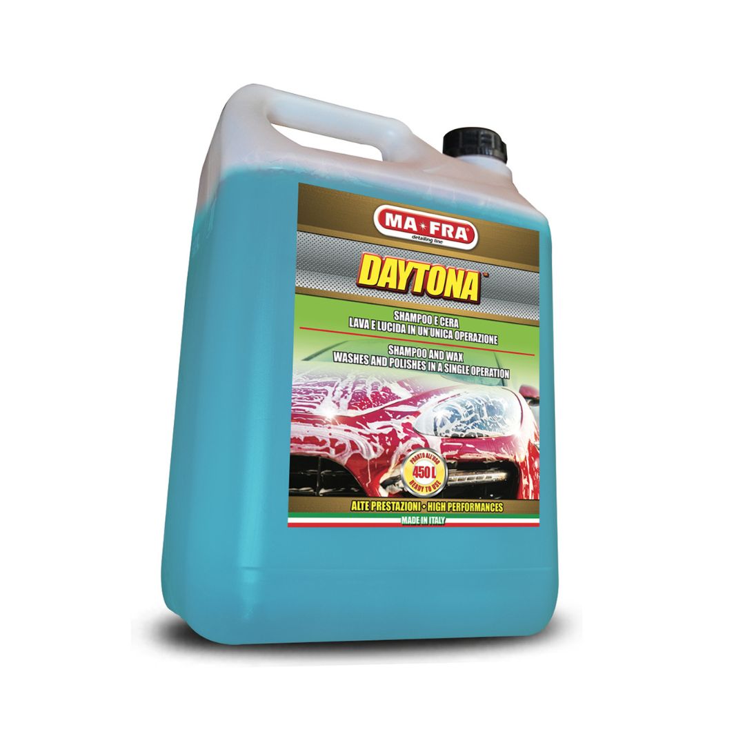 Blue car wash detergent container with MA-FRA Daytona label on a white background