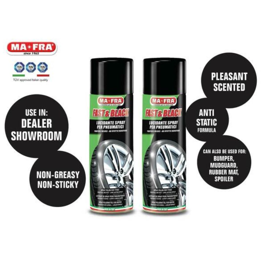 MaFra Fast e Black Tyre Reviver and dressing. perfect tyre dressing for ultra bright and wet look and work on big, chunky but also ideal for low- profile tyres. MaFra Ireland