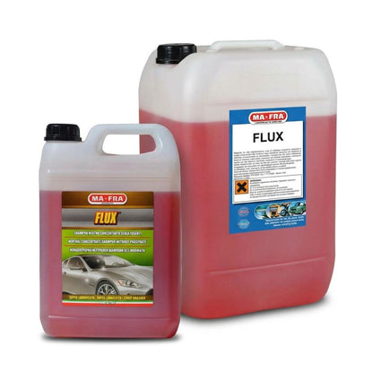 Two translucent plastic jugs of MA-FRA FLUX car wash shampoo with black caps, one small jug and one large canister, both filled with pinkish-red liquid, on a white background.
