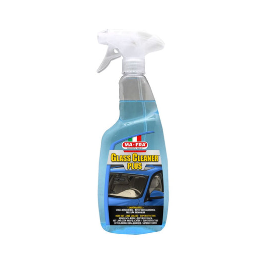 Spray bottle of MaFra glass cleaner with a visible label on a white background